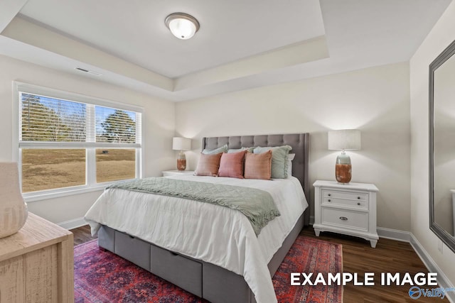 152 Rose Valley Dr, New Market, AL 35761 - bedroom with baseboards, a tray ceiling, and dark wood-style flooring