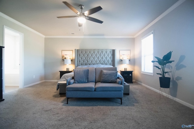 carpeted bedroom with ornamental molding and ceiling fan