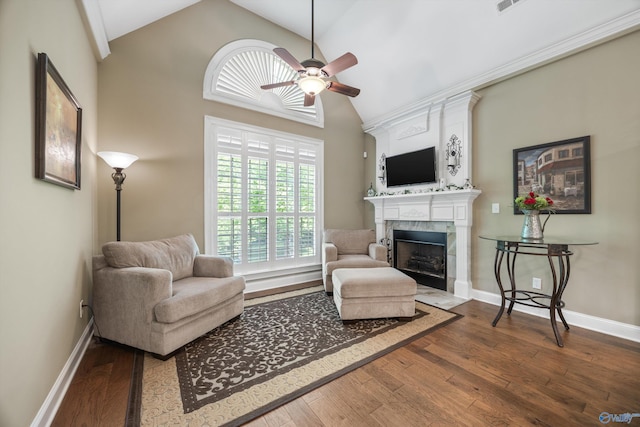 39 Verdant Cir, Huntsville, AL 35803 - living room featuring a ceiling fan, a premium fireplace, dark wood finished floors, and vaulted ceiling