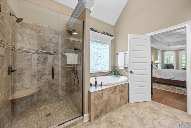 39 Verdant Cir, Huntsville, AL 35803 - bathroom with a garden tub, a shower stall, ensuite bathroom, crown molding, and lofted ceiling