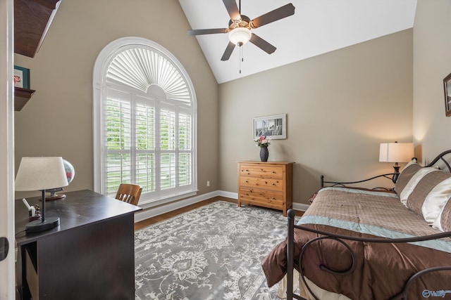 39 Verdant Cir, Huntsville, AL 35803 - bedroom with high vaulted ceiling, wood finished floors, a ceiling fan, and a desk