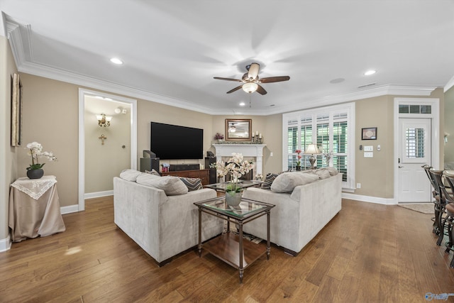 39 Verdant Cir, Huntsville, AL 35803 - living room with a ceiling fan, hardwood / wood-style floors, ornamental molding, and recessed lighting