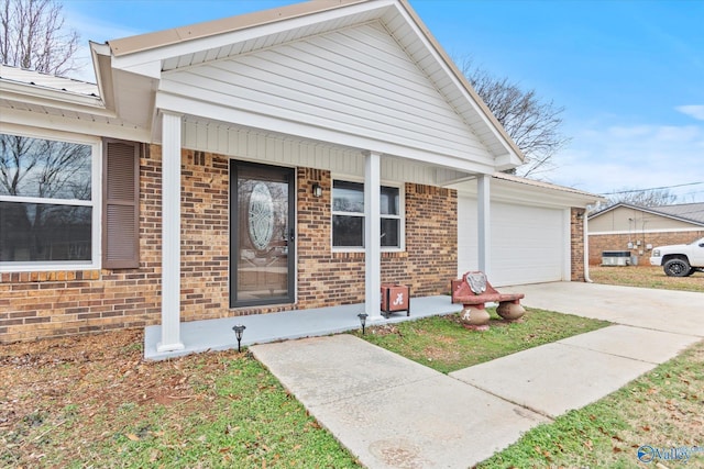 view of front facade featuring central AC unit, a porch, and a garage