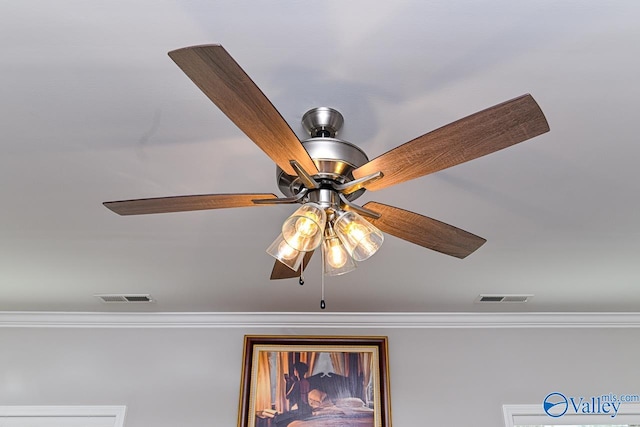 interior details with ceiling fan and ornamental molding