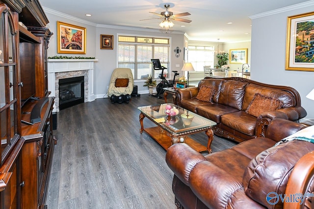 living room with a stone fireplace, crown molding, hardwood / wood-style floors, and ceiling fan