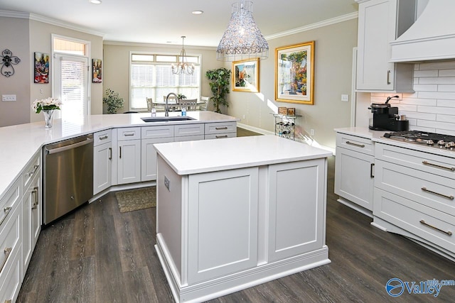 kitchen featuring a center island with sink, appliances with stainless steel finishes, white cabinetry, custom exhaust hood, and dark hardwood / wood-style floors