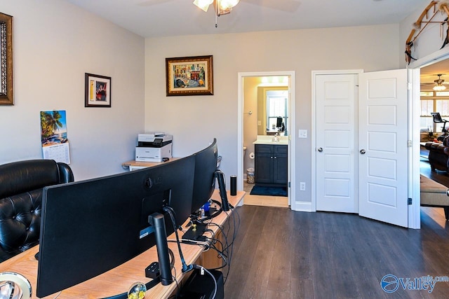 office area featuring ceiling fan, sink, and dark hardwood / wood-style floors