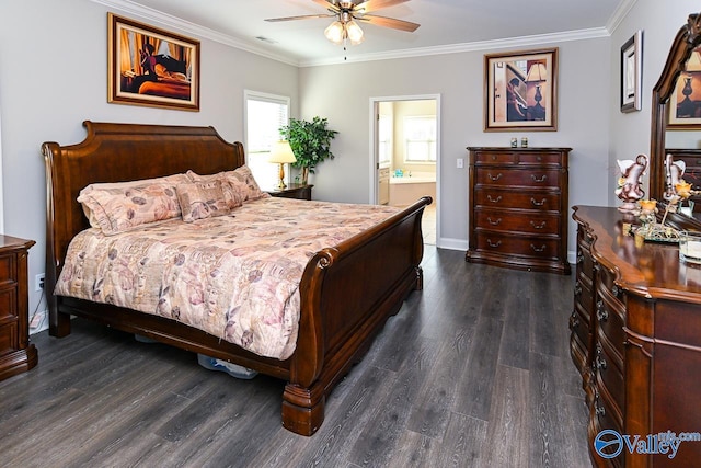 bedroom with dark wood-type flooring, ensuite bathroom, crown molding, and ceiling fan