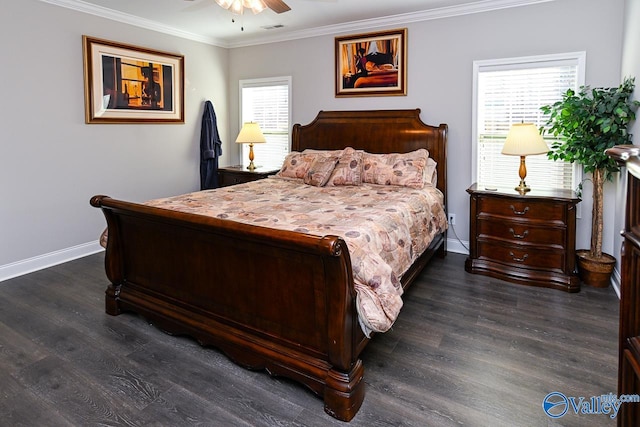 bedroom with dark hardwood / wood-style flooring, ornamental molding, multiple windows, and ceiling fan