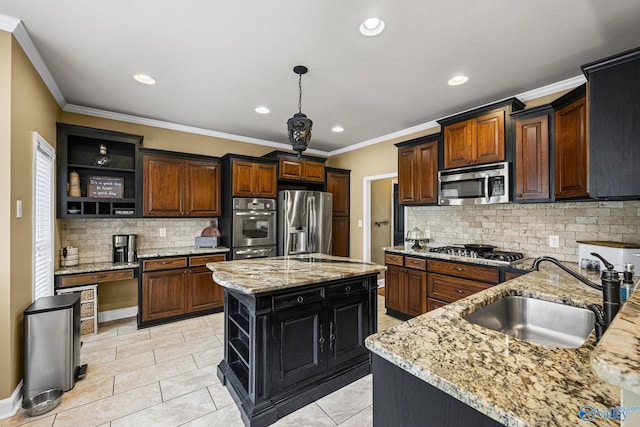 kitchen featuring a sink, light stone countertops, ornamental molding, stainless steel appliances, and open shelves