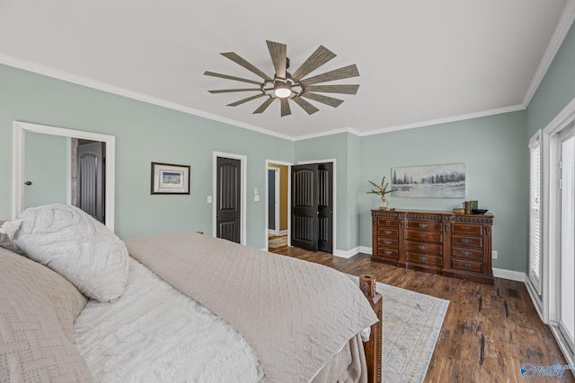 bedroom featuring ceiling fan, wood finished floors, baseboards, and ornamental molding