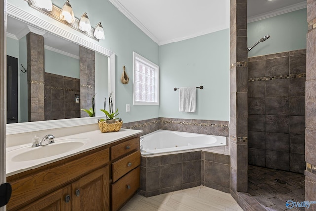 full bathroom with tile patterned floors, ornamental molding, a tile shower, a bath, and vanity