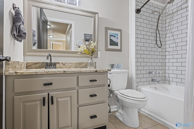 full bathroom featuring vanity, tile patterned floors, toilet, and shower / tub combo with curtain