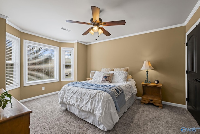 carpeted bedroom with baseboards, visible vents, and ornamental molding