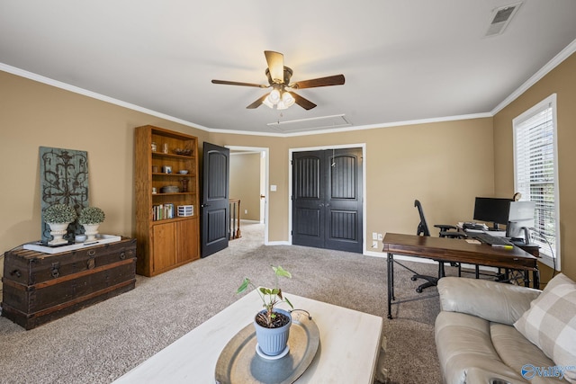 carpeted office space with attic access, baseboards, visible vents, and ornamental molding