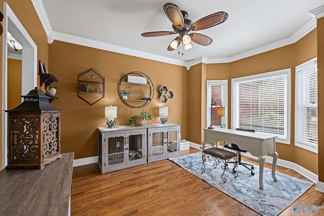 office featuring baseboards, wood finished floors, a ceiling fan, and ornamental molding