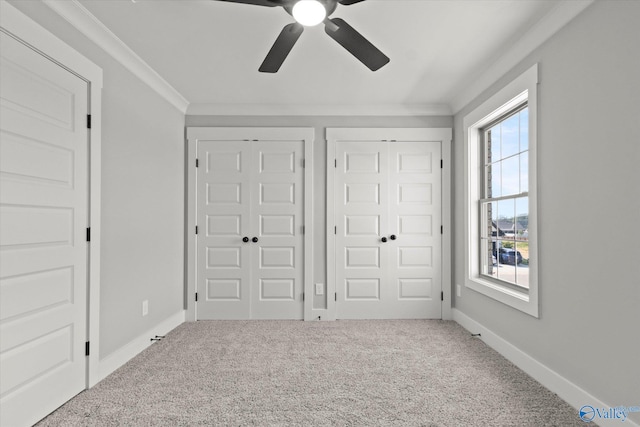 unfurnished bedroom with multiple windows, two closets, and carpet floors