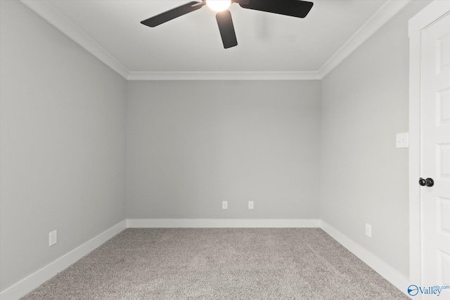 unfurnished room featuring ceiling fan, carpet, and ornamental molding