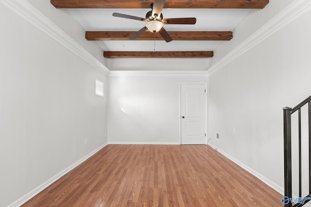 spare room with ceiling fan, baseboards, stairway, beam ceiling, and light wood finished floors