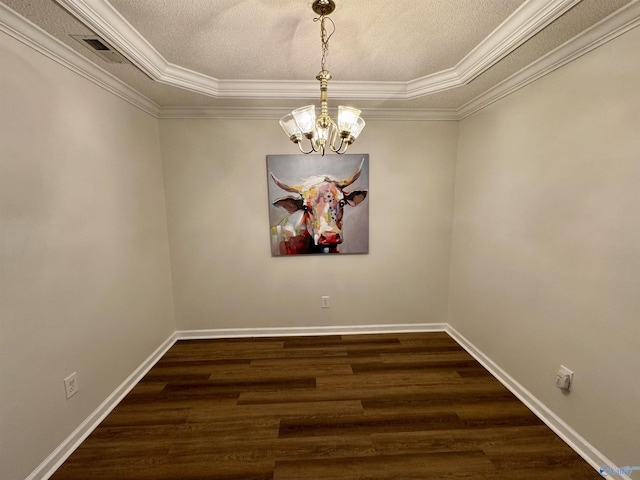 unfurnished dining area featuring baseboards, a chandelier, dark wood-style flooring, and ornamental molding