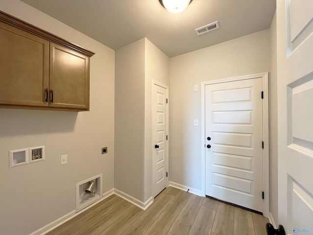 120 Parvin Way Dr, Hazel Green, AL 35750 - laundry room with light wood-style flooring, visible vents, baseboards, electric dryer hookup, and cabinet space
