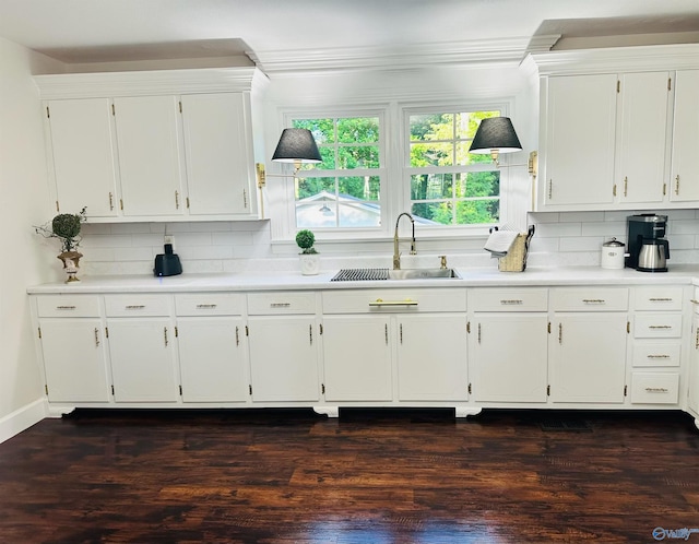 2010 Youngs Chapel Rd, Piedmont, AL 36272 - kitchen featuring a sink, white cabinetry, light countertops, backsplash, and crown molding