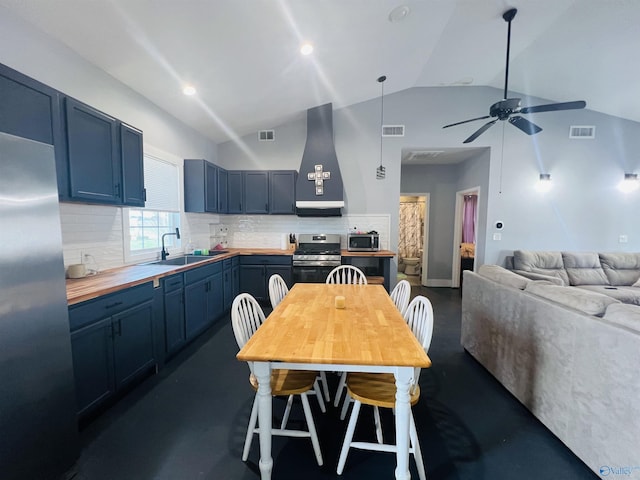 450 County Road 803, Centre, AL 35960 - kitchen featuring range hood, visible vents, blue cabinetry, a sink, and appliances with stainless steel finishes