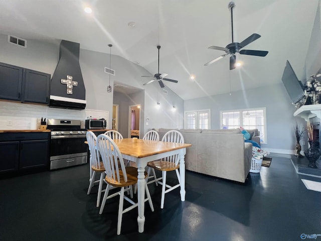 450 County Road 803, Centre, AL 35960 - dining space with baseboards, visible vents, high vaulted ceiling, and a ceiling fan