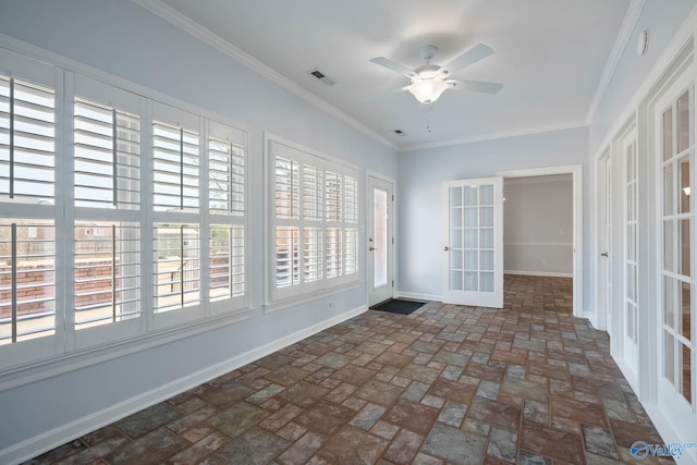 unfurnished sunroom with french doors, visible vents, and ceiling fan