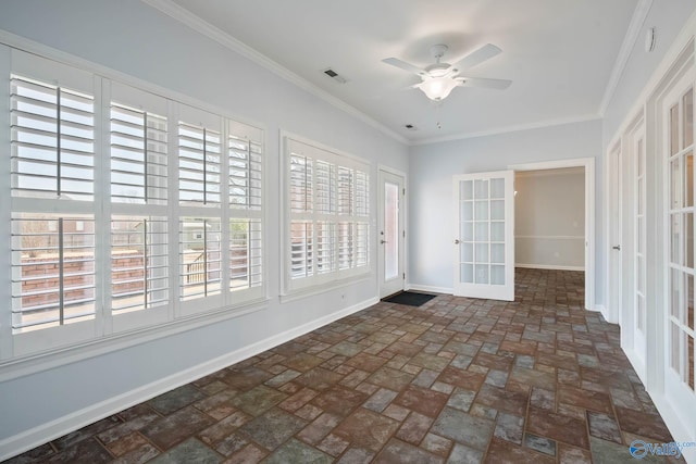 unfurnished sunroom with ceiling fan, french doors, and visible vents