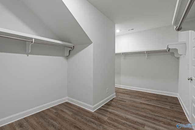 spacious closet featuring visible vents and dark wood-style floors