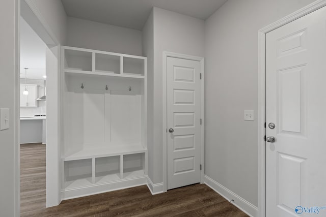 mudroom featuring dark wood-type flooring and baseboards