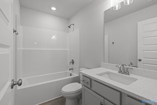 full bath featuring visible vents, toilet, vanity, shower / bathtub combination, and tile patterned flooring
