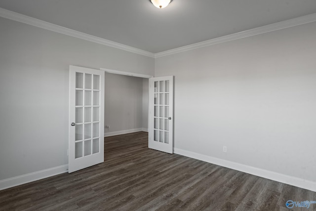 unfurnished room featuring crown molding, french doors, baseboards, and dark wood-style floors