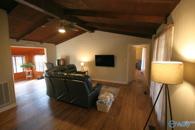 living room with wood finished floors, lofted ceiling with beams, wood ceiling, ceiling fan, and visible vents