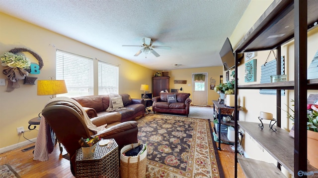 1303 7th Ave, Athens, AL 35611 - living room with healthy amount of natural light, ceiling fan, a textured ceiling, baseboards, and wood finished floors