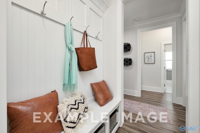 mudroom with ornamental molding and dark hardwood / wood-style flooring