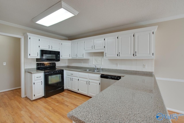 kitchen featuring light wood-style floors, crown molding, a sink, and black appliances