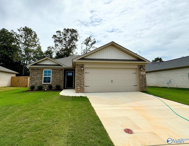 ranch-style house featuring brick siding, an attached garage, a front yard, fence, and driveway