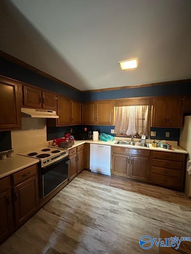 kitchen featuring light hardwood / wood-style floors, electric range oven, dishwasher, and sink