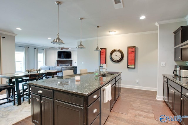 kitchen featuring light hardwood / wood-style flooring, dark brown cabinets, a center island with sink, ornamental molding, and sink