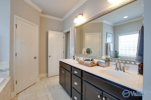 bathroom with vanity, crown molding, tile patterned flooring, and tiled bath