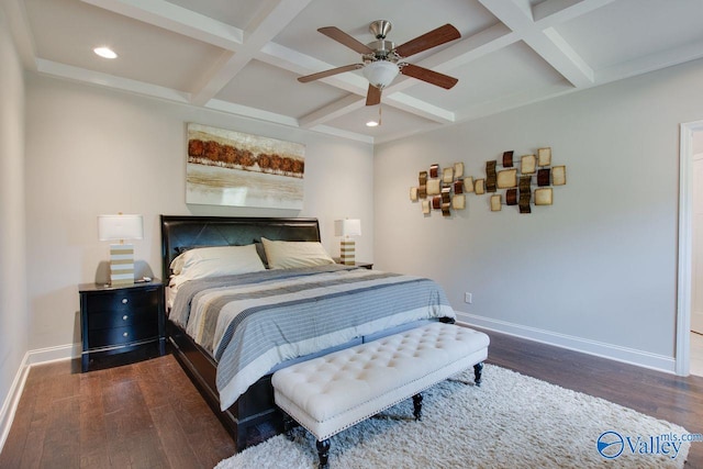 bedroom with beamed ceiling, coffered ceiling, ceiling fan, and dark hardwood / wood-style flooring