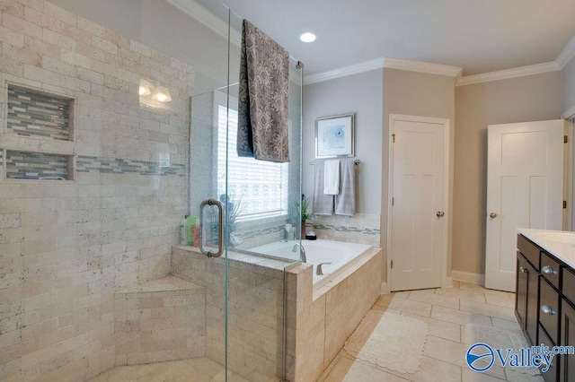 bathroom with vanity, independent shower and bath, ornamental molding, and tile patterned flooring