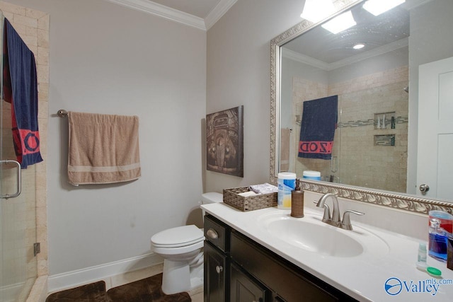 bathroom featuring toilet, tile patterned flooring, a shower with shower door, crown molding, and vanity