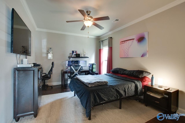 bedroom with ornamental molding, light hardwood / wood-style flooring, and ceiling fan