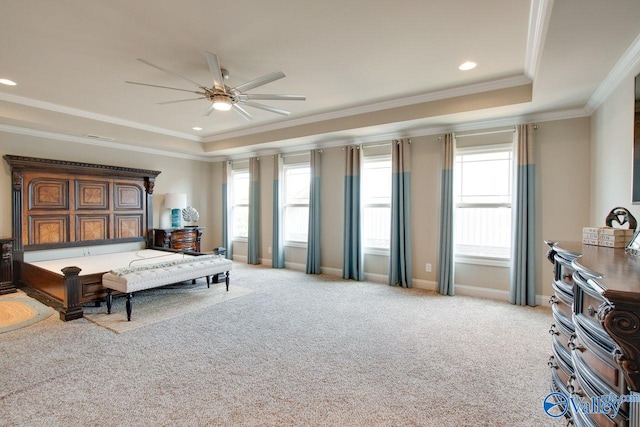 carpeted bedroom with crown molding, a raised ceiling, multiple windows, and ceiling fan