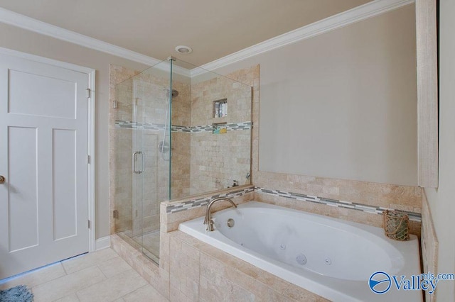 bathroom with ornamental molding, plus walk in shower, and tile patterned flooring