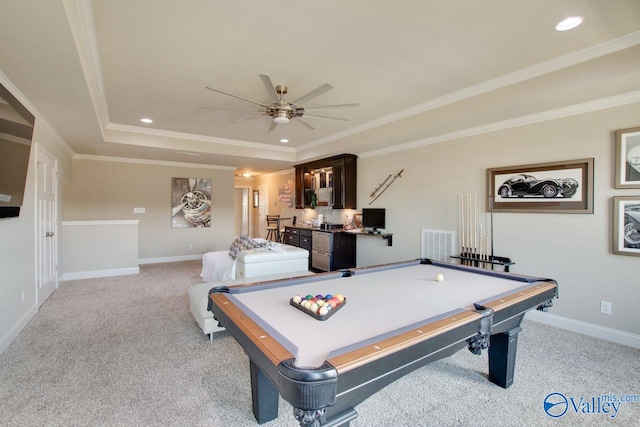 rec room featuring ceiling fan, ornamental molding, billiards, and light colored carpet