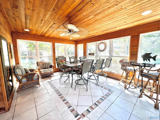 sunroom / solarium with ceiling fan, wood ceiling, and a healthy amount of sunlight